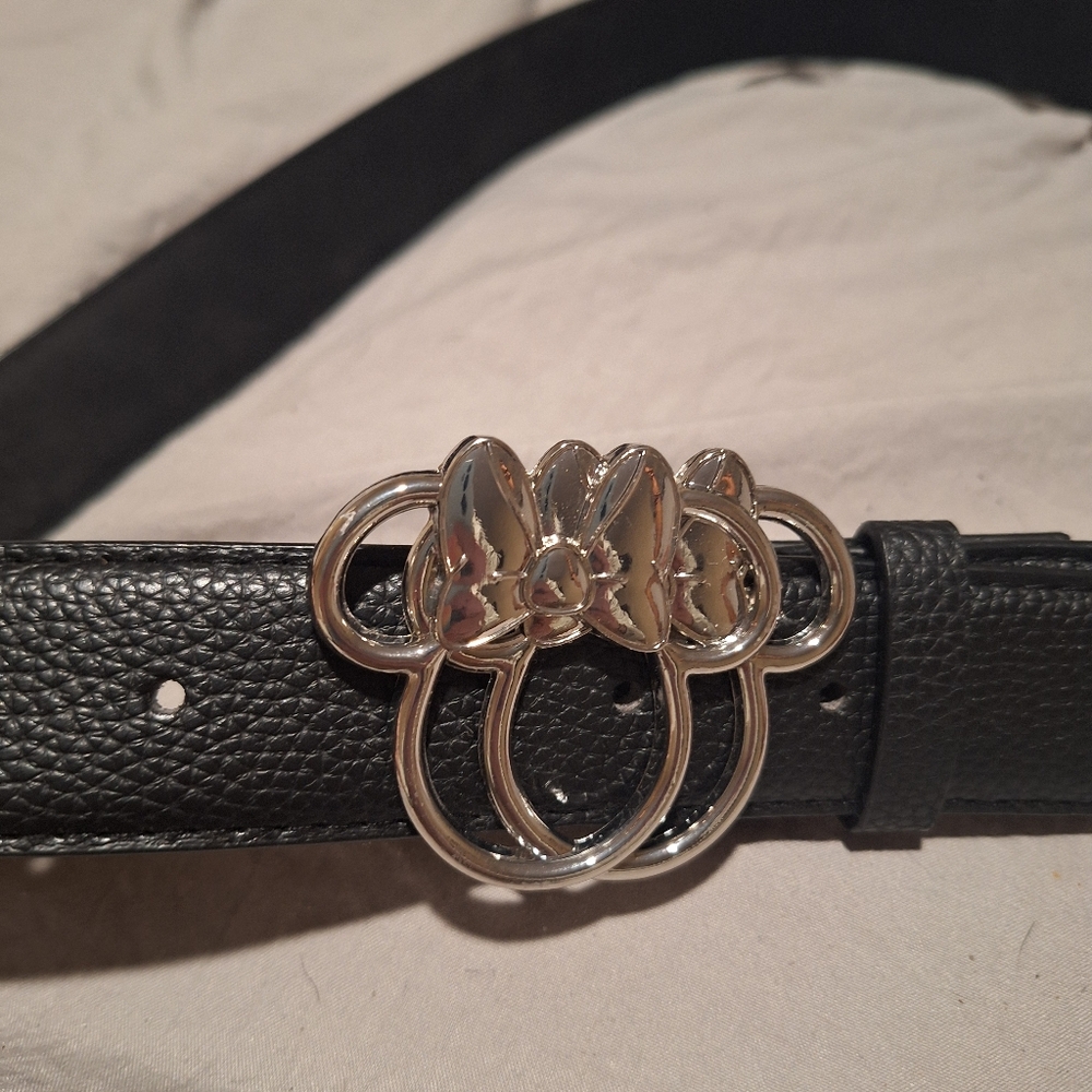 Black Leather Belt with Silver Buckle Minnie‎ Mouse Womens